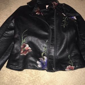 NWT black leather jacket with floral details